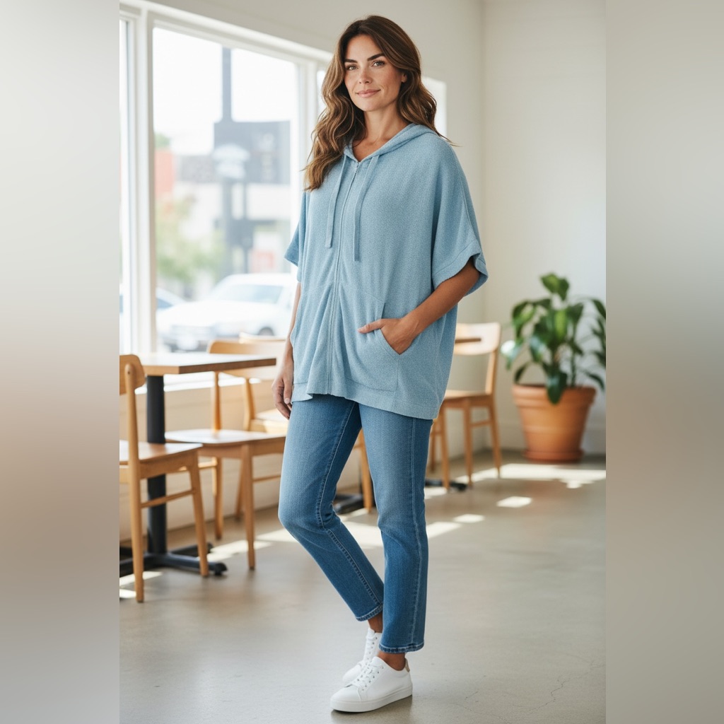 Barefoot Dreams Ultra Lite Blue Hooded Cardigan Luxurious Oversized Rich L/Xl